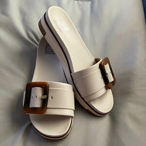 DV by Dolce Vita White Slide Sandals with Brown Buckle